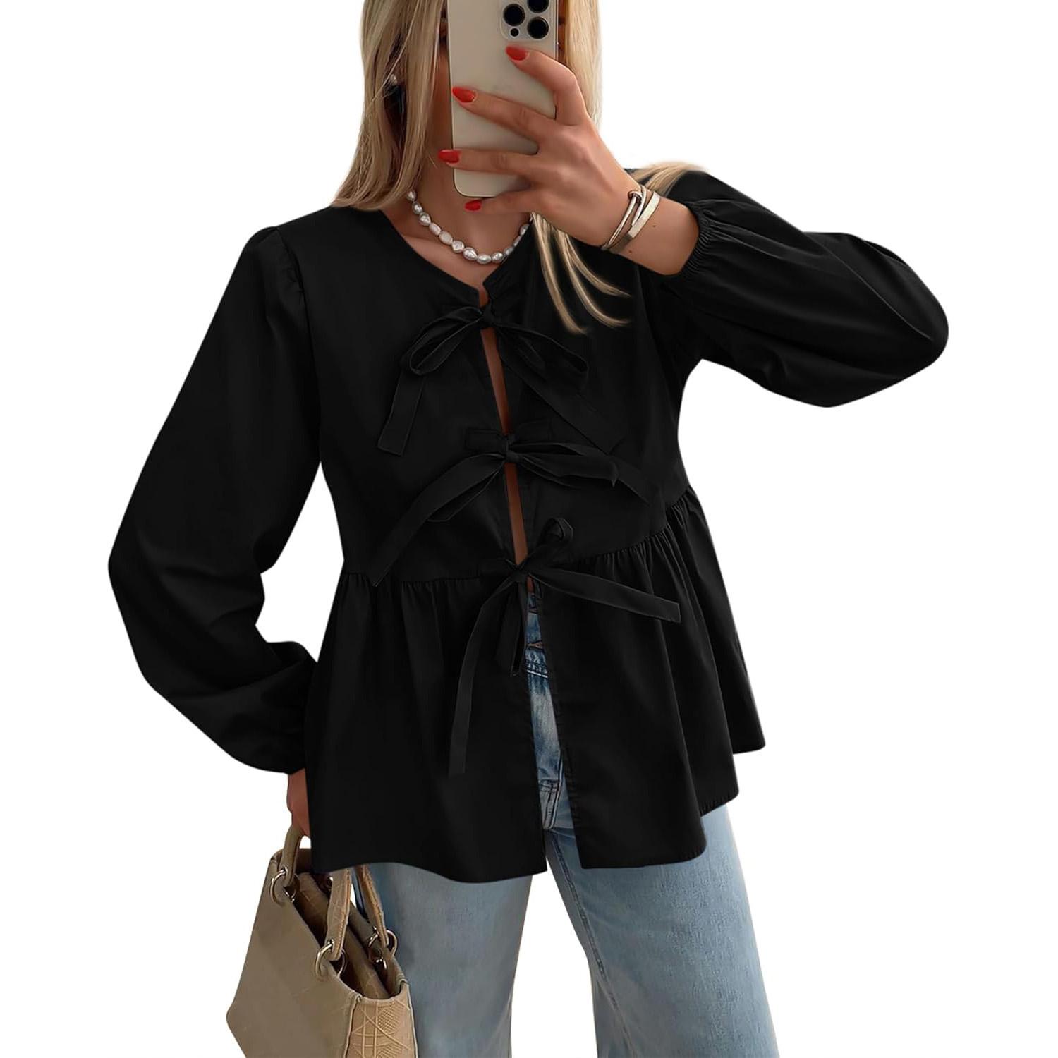 

Женский топ с завязками спереди и баской Y2k Puff с короткими рукавами и бантом на шнуровке, блузки Babydoll с оборками по подолу 2XL чёрный