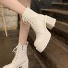 Round Head Thick Heel Lace-up Martin Boots Women's High Heel Waterproof Platform Platform Platform Short Boots Small Retro Soft Leather Boots Women