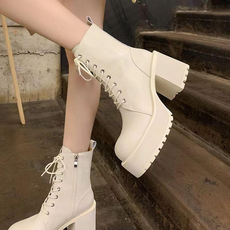Round Head Thick Heel Lace-up Martin Boots Women's High Heel Waterproof Platform Platform Platform Short Boots Small Retro Soft Leather Boots Women