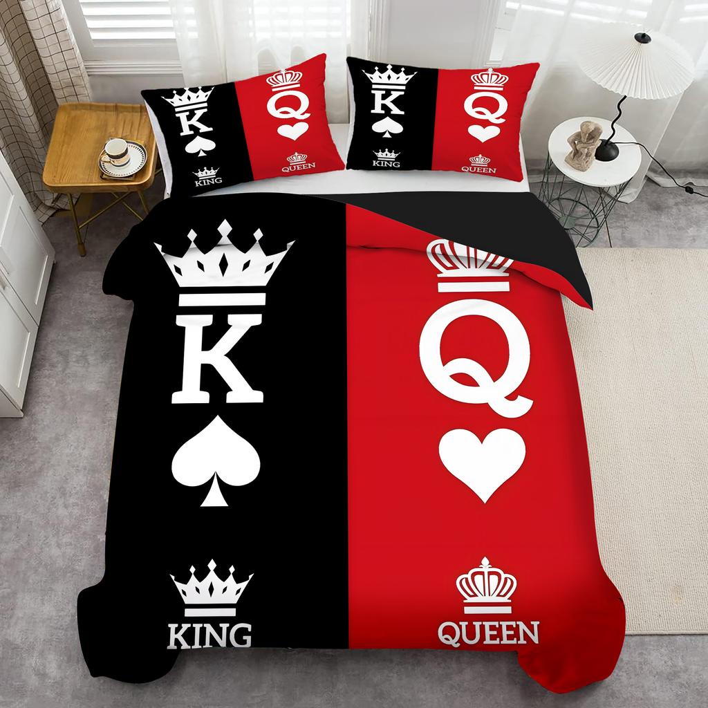 King Queen'S Crown 3D Print Quilt Cover Black Red Color Match Couple Style Bedding Set Home Soft Textiles Duvet Cover Pillowcase