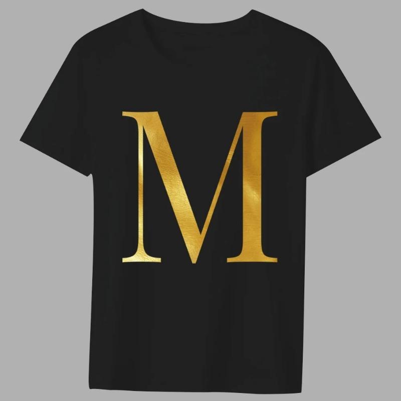 Fashion T-shirt Black Men's 26 English Letters Gold Printing Pattern Series Casual Round Neck Commuter Comfortable Top T-Shirts Men’s