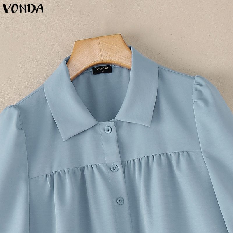VONDA Summer Women Lapel Neck 3/4 Sleeve Ruffled Casual Blouse Tops