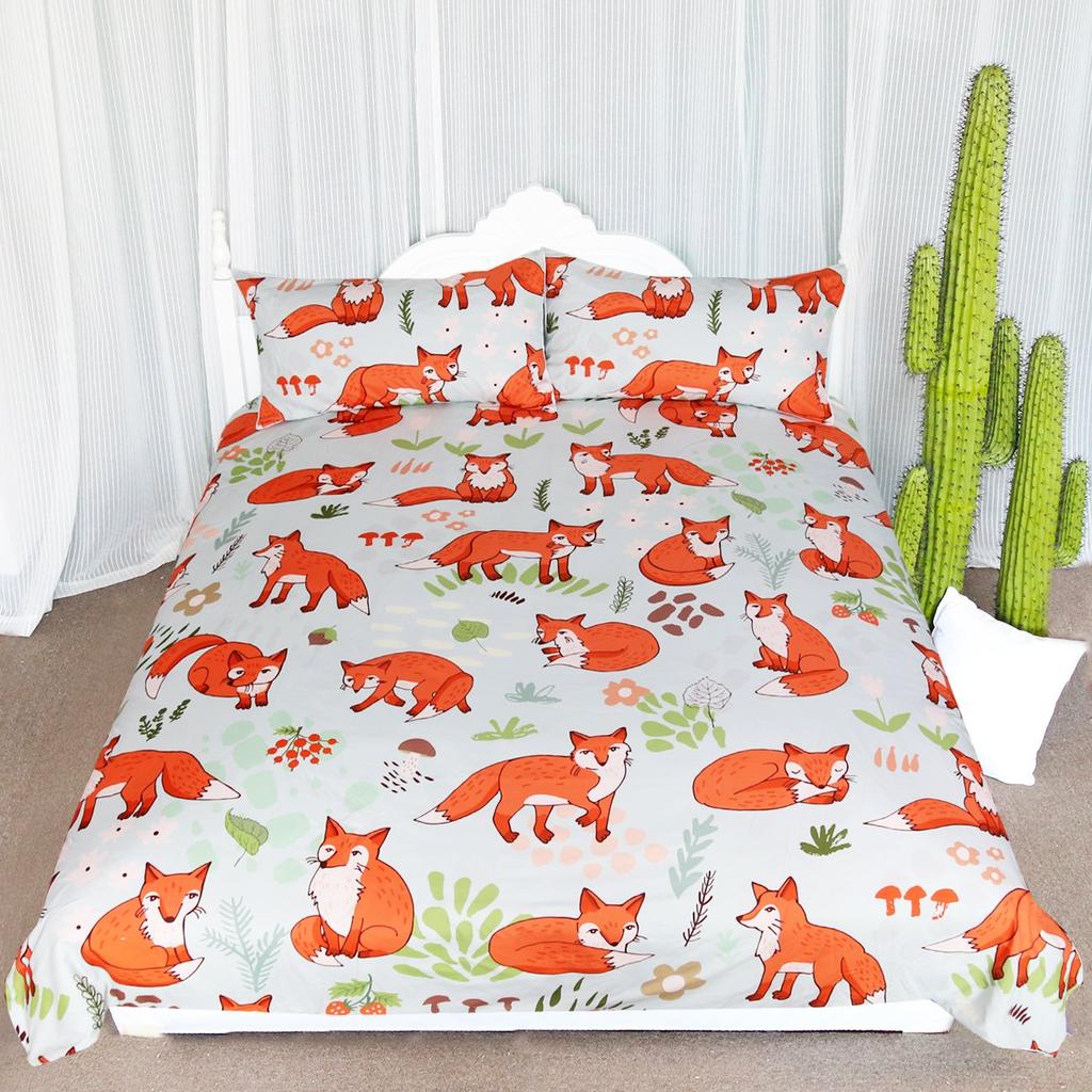 Comforter Cartoon Fox King Queen Lovely Orange Animal Floral Bedding Set Kids Girls Flowers Plant 2/3Pcs
