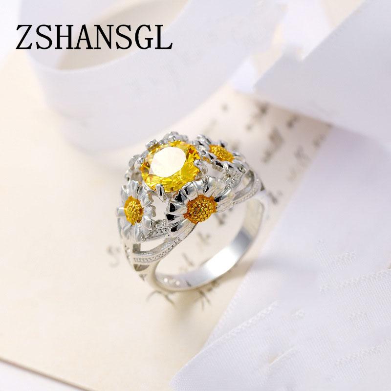 Luxury Female Girl Big Crystal CZ Flower Ring Boho Silver Color White Yellow Ring Promise Engagement Rings For Women