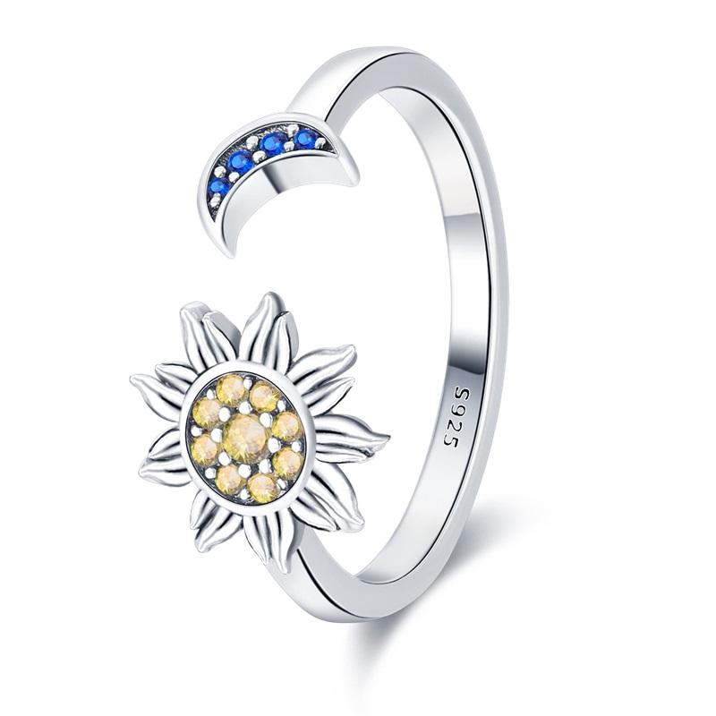 925 Silver Women Rings Sparking Zircon Sunflower Star Moon Open Ring For Engagement Jewelry Anniversary Gifts