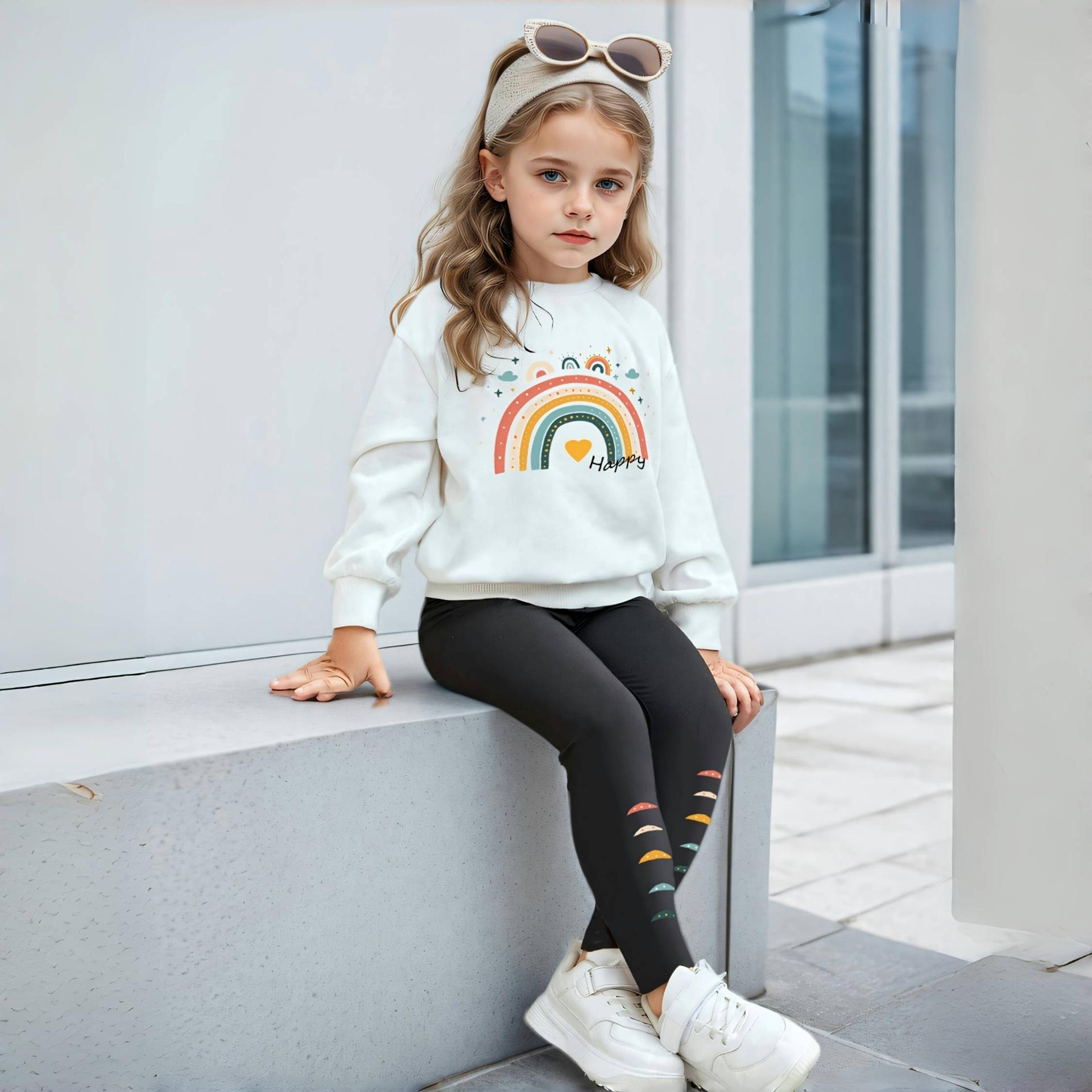 

Комплект из 2 предметов для девочек, свитшот с длинными рукавами и радужным принтом + леггинсы, повседневный костюм для детей на зиму/осень 11-12Y