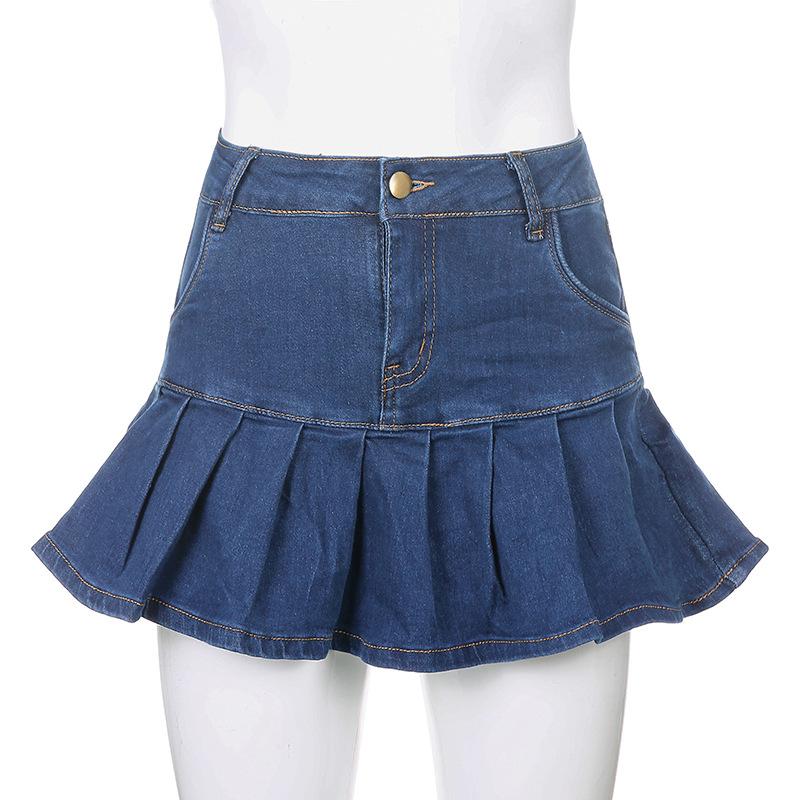Summer Women y2k Denim Pleated Skirts Mini Solid Casual Woman Fashion Korean Style High Waist Skirt with Lined Hot Club Party
