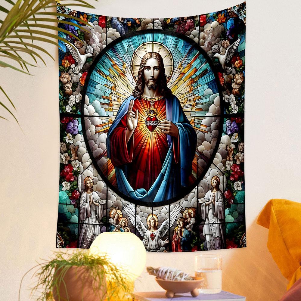 "Jesus Sacred Heart Stained Glass Design" Patterned Tapestry Home Decor, Suitable for Bedroom and Living Room, Gift