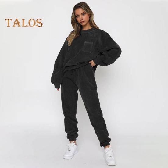 2 Pcs/Set Women Top Pants Set Long Sleeve Elastic Cuff Sweatshirt Pure Color Stretchy High Waist Ankle-banded Trousers Sport Fitness Tracksuit