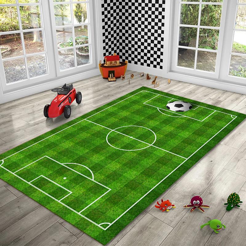 Kids Soccer Field Play Mat Area Rug Green Grass Football Court Print Carpet Non-Slip Washable Floor Mat for Boy Bedroom Playroom