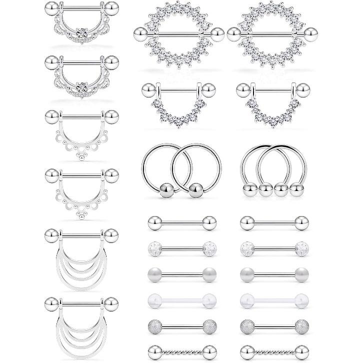 Kridzisw 14G Nipple Tongue Ring 6 Pair Surgical Steel Nipple Pliers Protective Ring Barbell Ring Piercing Body Jewelry CZ Round Lady Girl, Metal