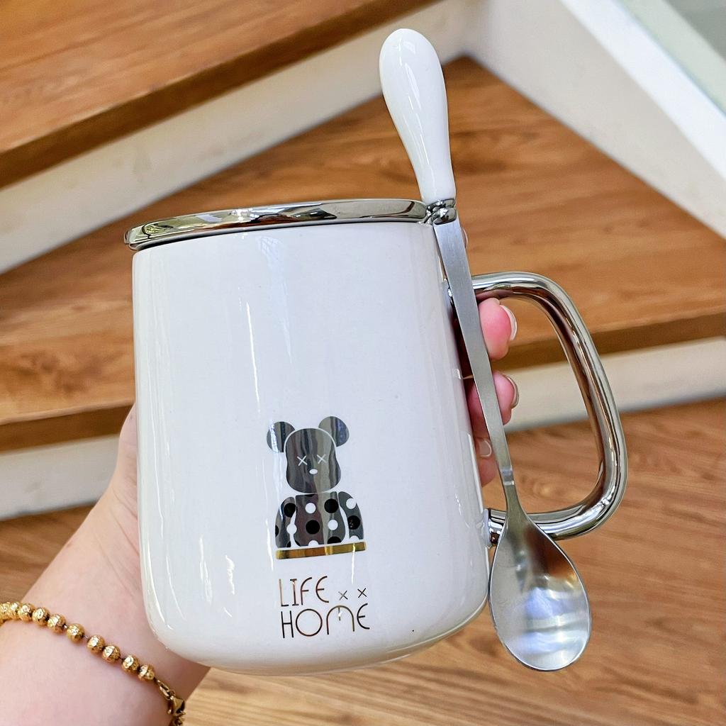 Mug with Lid Spoon Ceramic Cup for Women Home Couple Water Cup Office Coffee Cup for Boys Tea Cup High Appearance