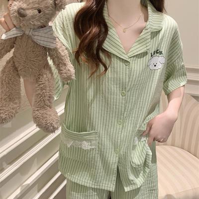 New Green Small Fresh Striped Puppy Pajamas Women's Summer Short-sleeved Shorts Lace Lace Suit Loungewear