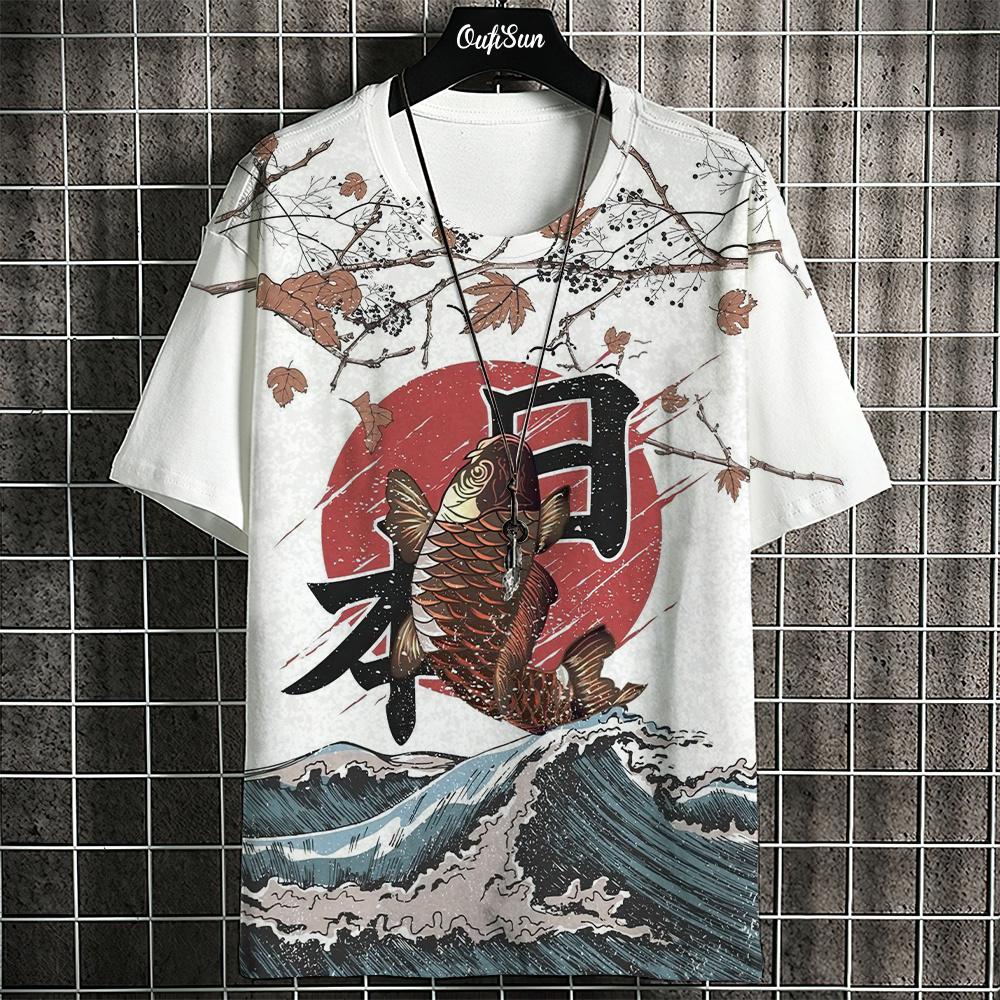 Ukiyo-E T-Shirt für Herren Japanische T-Shirts 3D Tier Fisch Druck Kurzarm Tees Tops Lässiges Sweatshirt Herrenbekleidung S-4XL