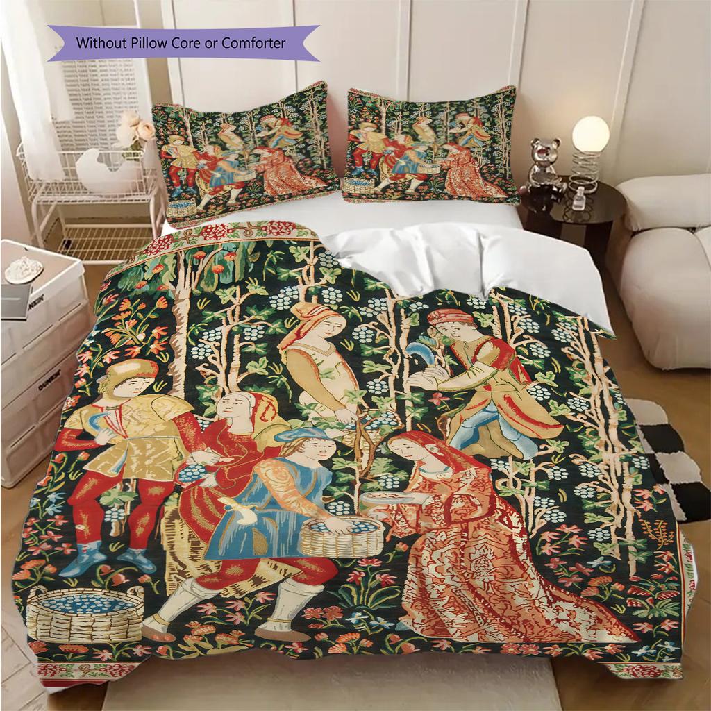 Medieval Court Life and Grape Harvesting Bedding, Duvet Cover, Pillowcase, Home Decoration, Birthday Gift (1 * Duvet Cover+2 * Pillowcase, Coreless)