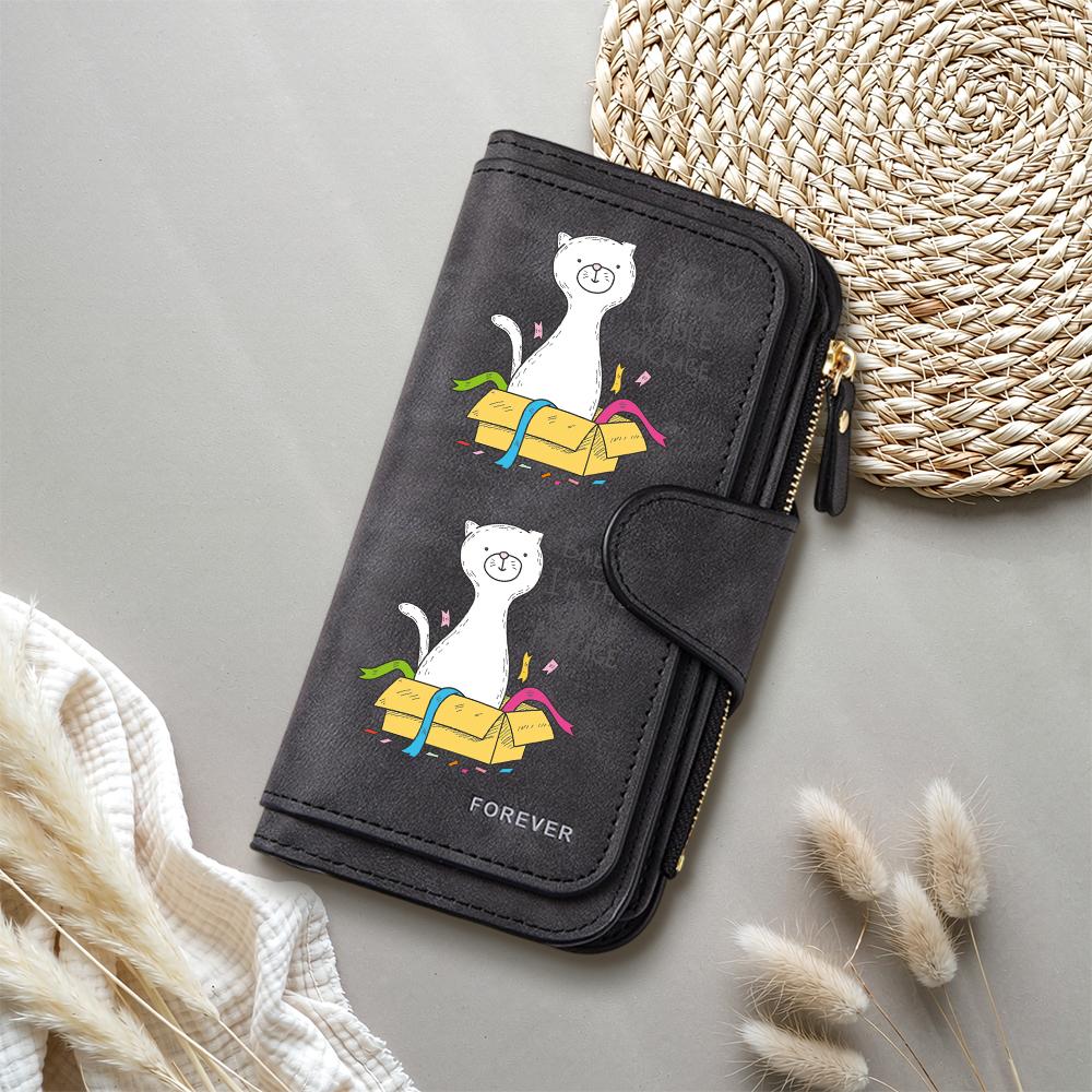 Cute Cat Print Women Long Wallet Fashion Portable PU Leather Card Holder Forever Daily Purse