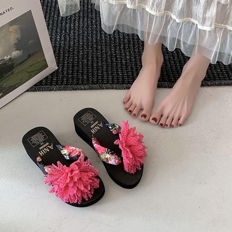2025 Summer Cool Slippers Women Summer Wear Thick-soled Princess Heightened Thick-soled Flip-flops Flowers Beach Cool Slippers Women