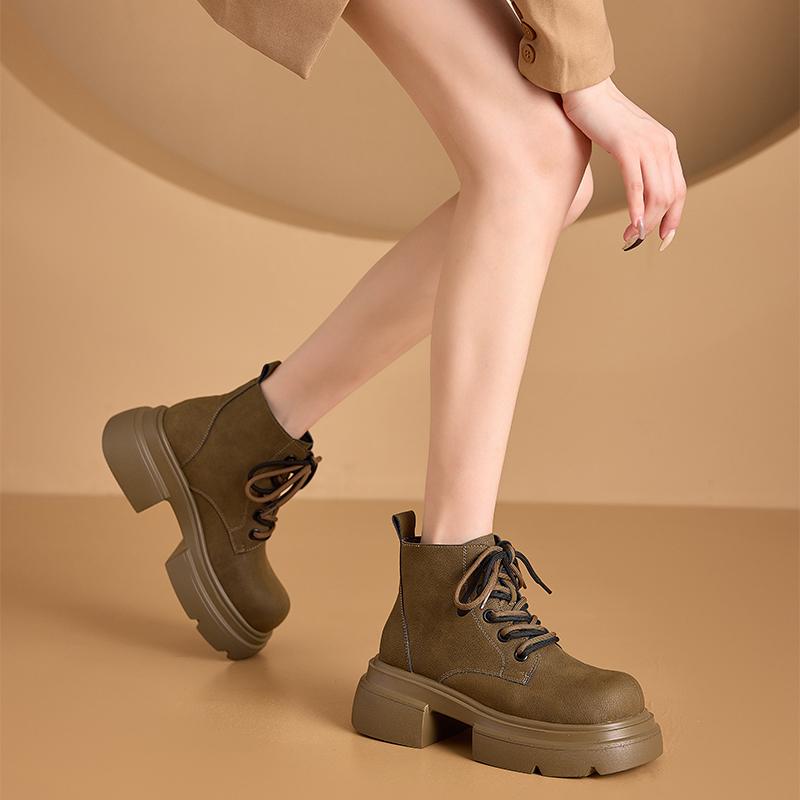 Women's Ankle Boots and Short Boots Thick-soled Casual Yellow Women Boots Plus Size Lace-up Motorcycle Boots Female