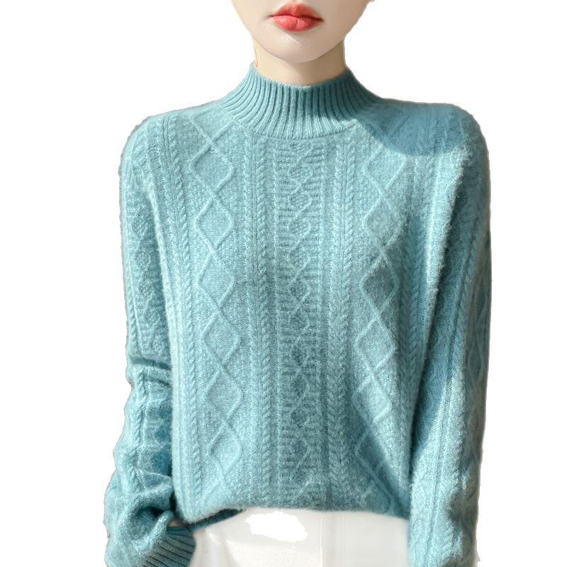 Women's High-Neck Diamond Pattern Knit Pullover Sweater, 2024 Autumn/Winter, Loose Fit, Thickened Short Base Layer