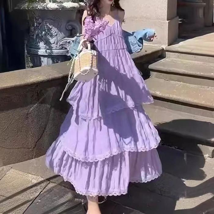 

French super fairy V-neck mid-length slip cake dress women s new Korean version of the seaside resort beach dress S фиолетовый