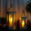 Set of 2 Decorative Candle Lanterns 22"&17"Outdoor vintage Metal Candle Holder Home Decor(White with Gold Brush))