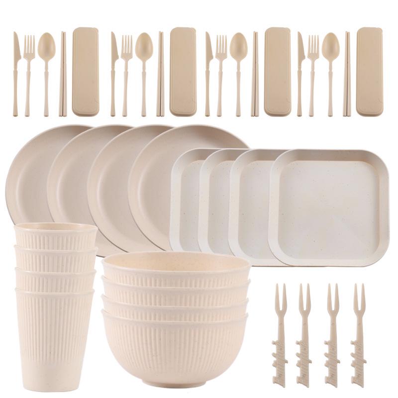 Nordic Wheat Straw Cutlery Set: Soup Bowl, Plate, Cup, Fork, Knife, Spoon, Gift.