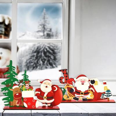 Cartoon Christmas Table Sign Funny Handmade Wooden Snowman Plaque Santa Claus Reindeer Merry Christmas Decor