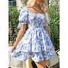 Summer Floral Print Square Neck Ruffled Puff Sleeve Vacation Dress