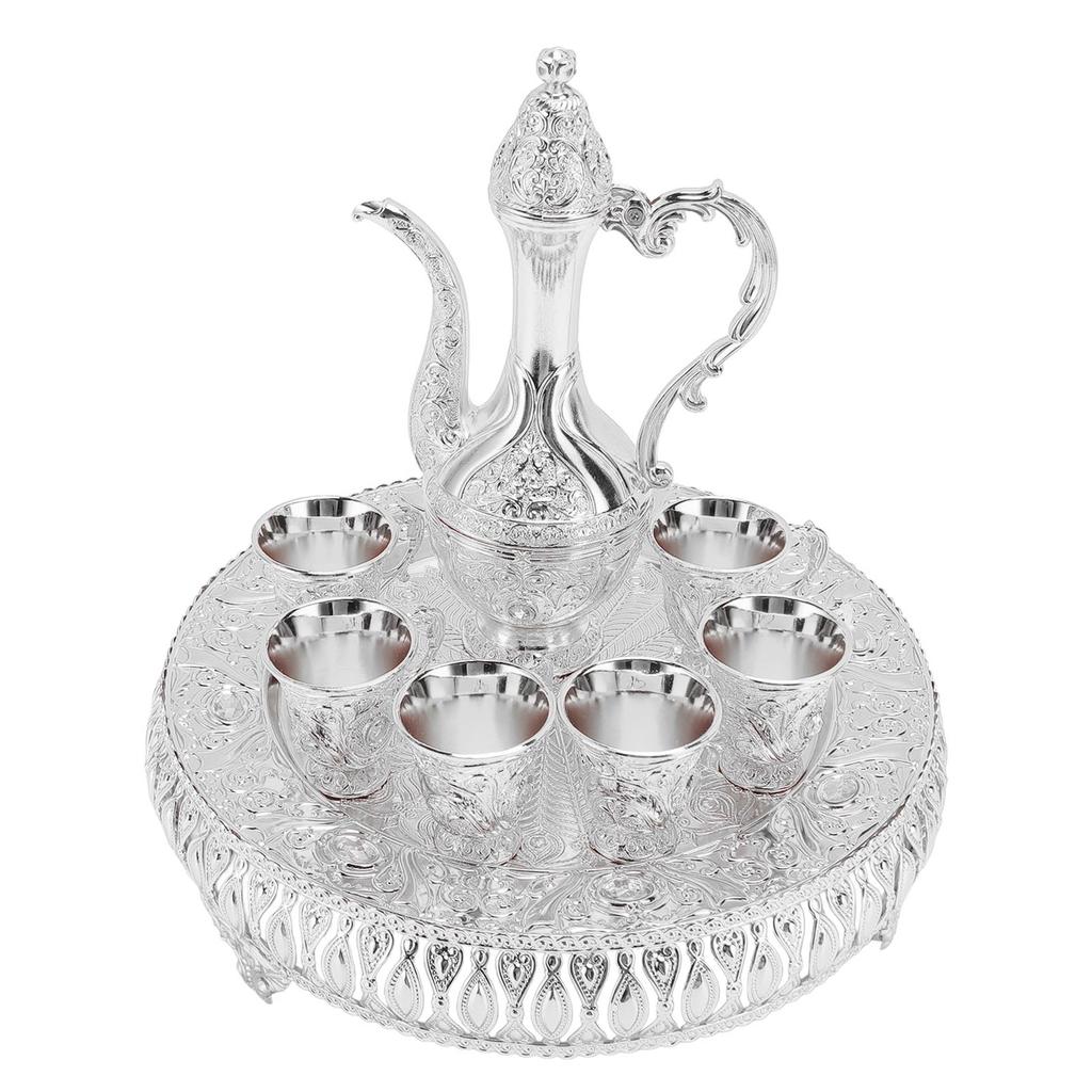 Vintage Wine Pot Set European Retro Coffee Pot Tray Kit Decorative Zinc Alloy Exquisite Carving Wine Cups for Home Party Dinner