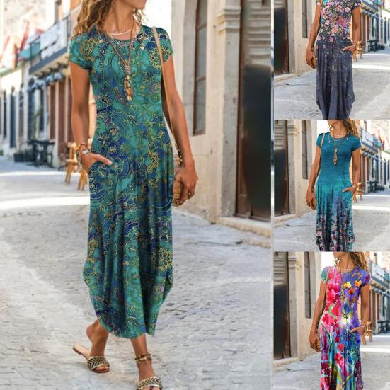 Mode Frauen Kleid Rundhals Kurzarm Taschen Floral Print Lose Maxi
