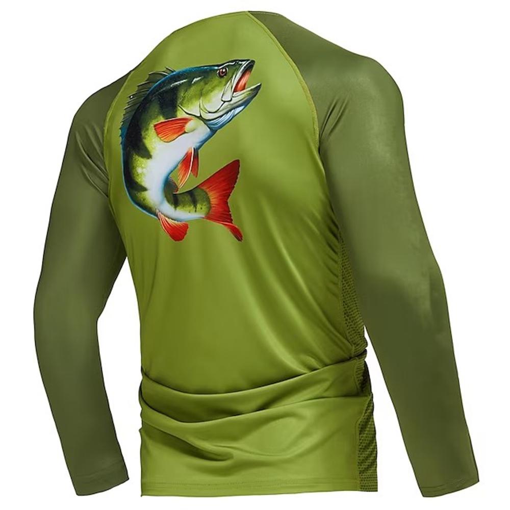 2024 Men's Fishing Shirt Long Sleeve Piranha Sea Wave Print Outdoor Running Training Breathable O Neck T-Shirt Fishing Clothing