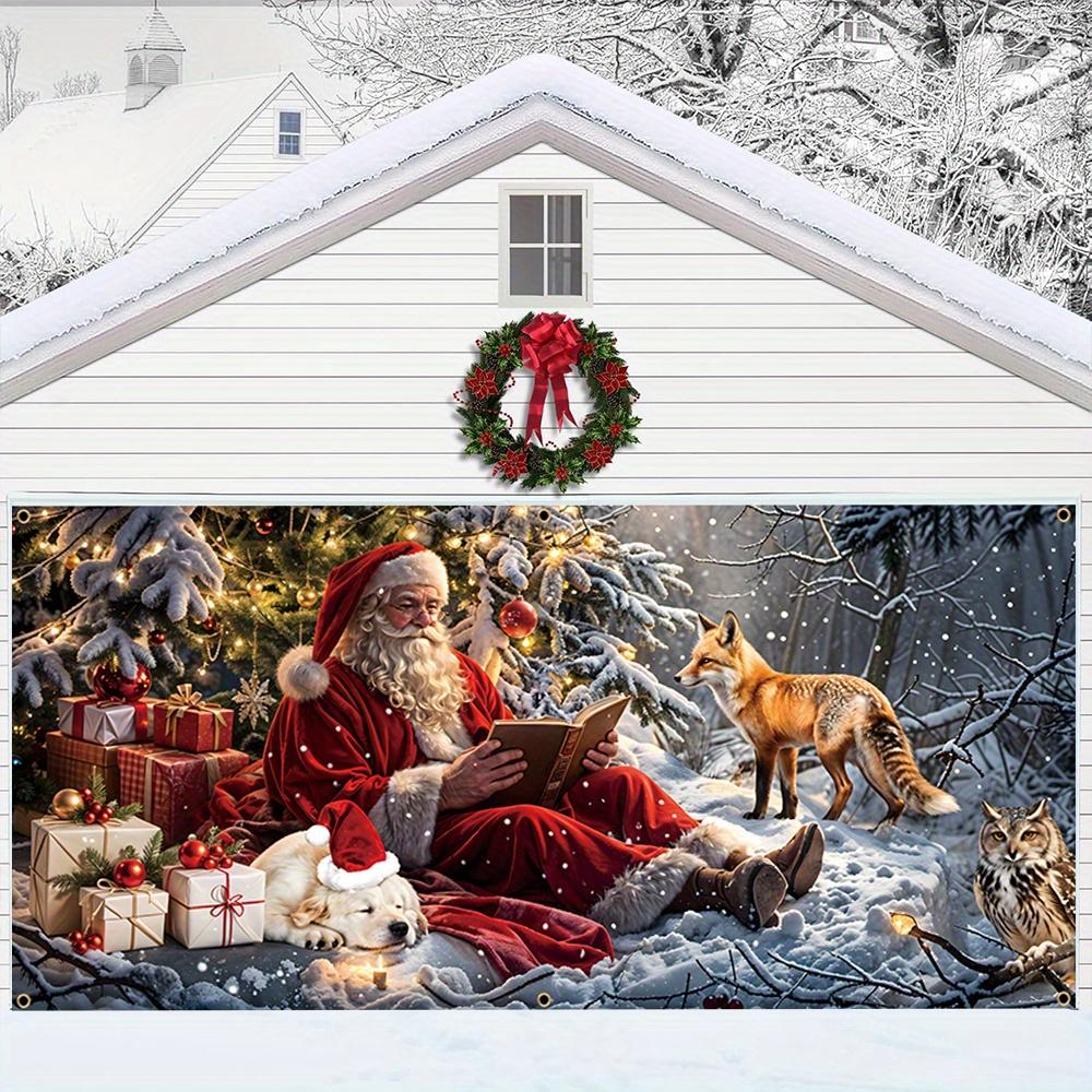 Weihnachts-Garagentor-Banner, Weihnachtsmann liest Geschenk