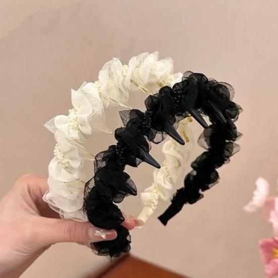 Women Headband Non-Slip Wide Headband with Inverted Tooth Comb Pearl Embellishments Layered Mesh