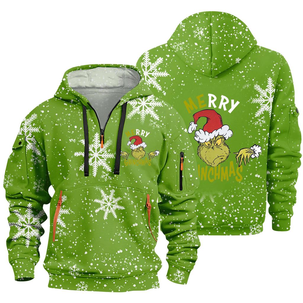 Men's Christmas Print Hooded Half-Zip Casual Sports Sweatshirt