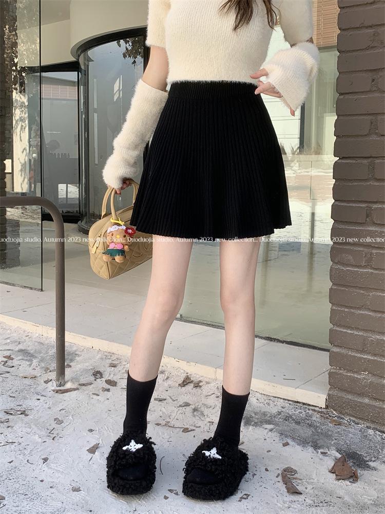 Grey Slimming High-Waisted Knit A-line Skirt - Women's 2025 Retro Korean Style Short Skirt