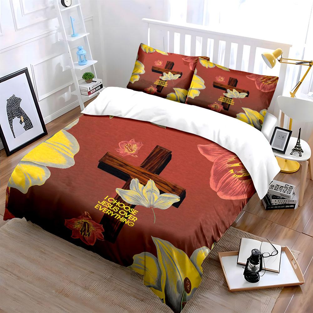 Choose Jesus Floral Cross Design Bedding Duvet Cover Set Duvet Cover Pillowcases (1*Duvet Cover 2*Pillowcases, Without Duvet Insert)