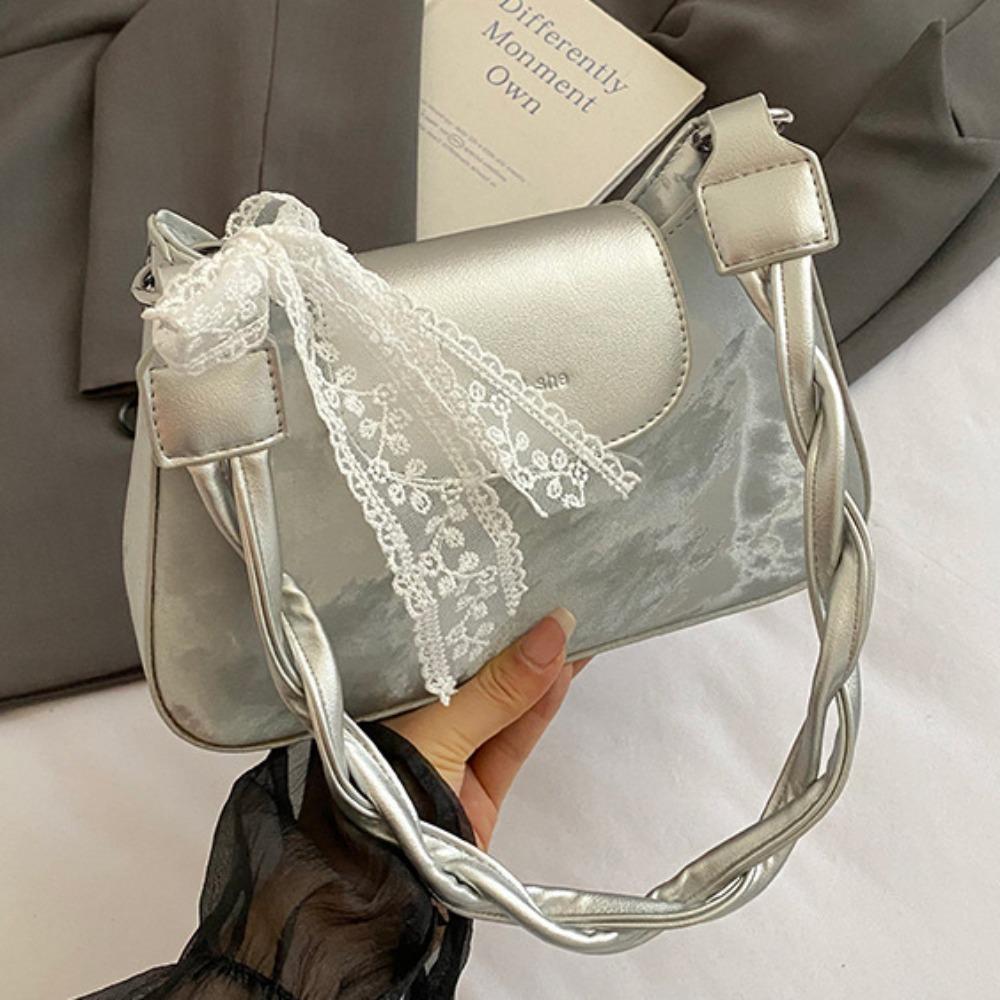 

Smooth Lace Ribbon Handbag Elegant Women s Armpit Bag Casual Bow Underarm Bag Outdoor серебряный