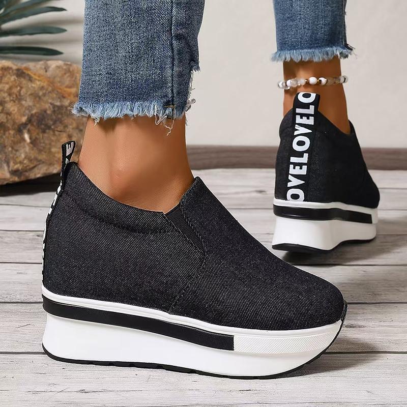 Women's Denim Wedges Heel Fashion Round Toe Sneakers Ladies Daily Casual Shallow Mouth Non-Slip Walking Women's Vulcanised Shoes