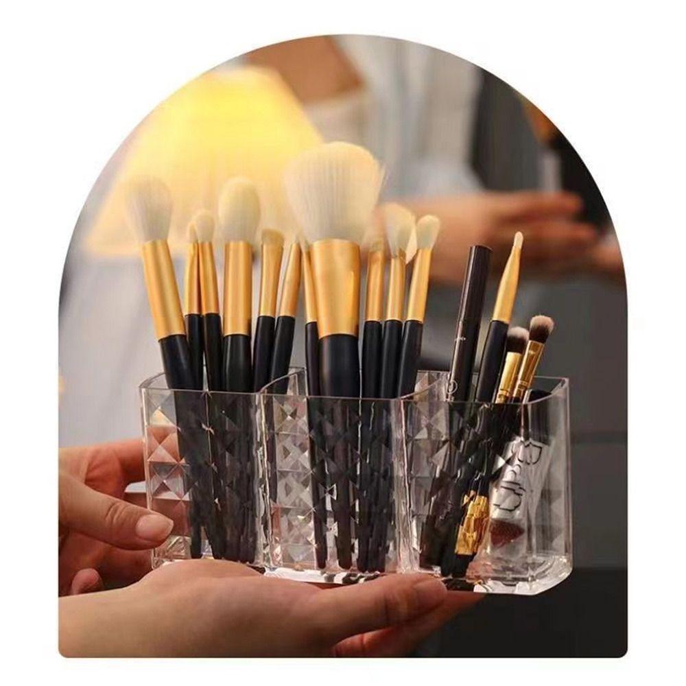 3 Grids Cosmetic Organizer Clear Lipstick Brush Storage Multi-purpose Makeup Brush Holder Desk