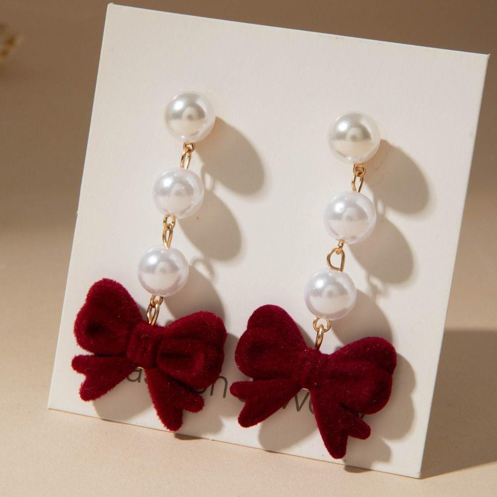 Bowknot Wine Red Bow Drop Earrings Pearl New Year Earrings Elegant Red Velvet Bow Earrings Girl