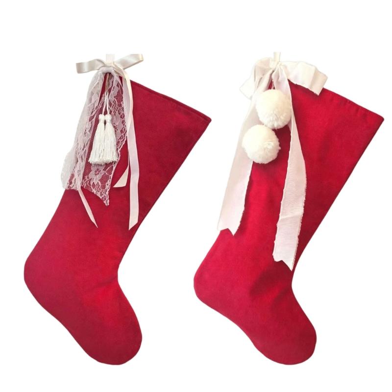 Holiday Stocking Ornament Soft Fabric with Top Tie for Christmas Tree Wall Doorway or Window Use Seasonal