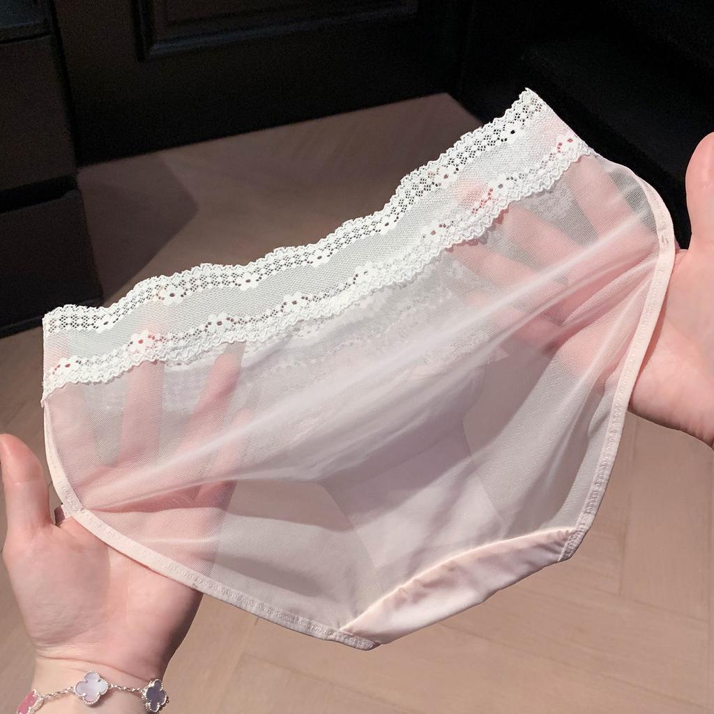Ladies Summer Sexy Lace Hollow Satin Breathable Cotton Crotch Low Waist Triangle Briefs