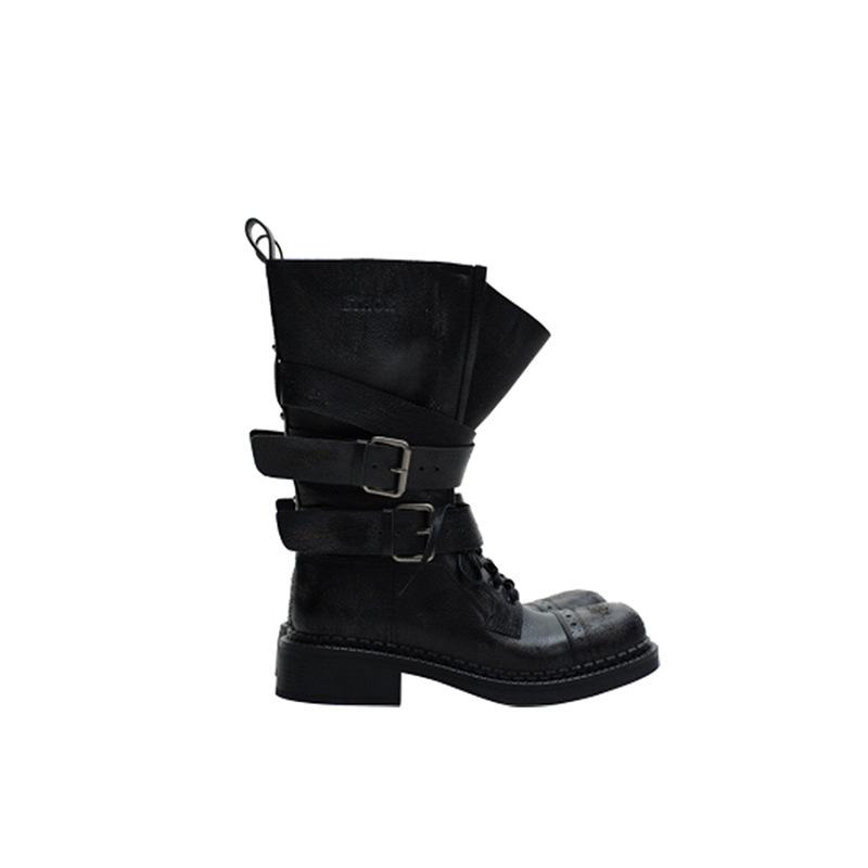 Brytyjski styl retro czarne średniej długości kozaki jeździeckie krótkie buty damskie 2025 wiosna i lato nowe miękka skóra gruba podeszwa klamra pasek buty motocyklowe