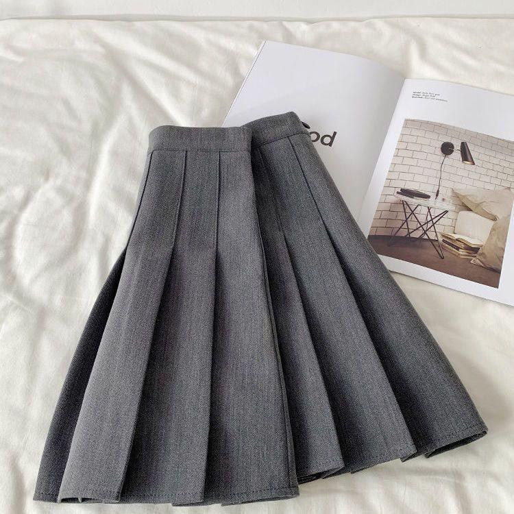 

High Waist Grey Pleated A-Line Skirt - Versatile, Slimming, Anti-Exposure Design for Autumn and Winter Medium