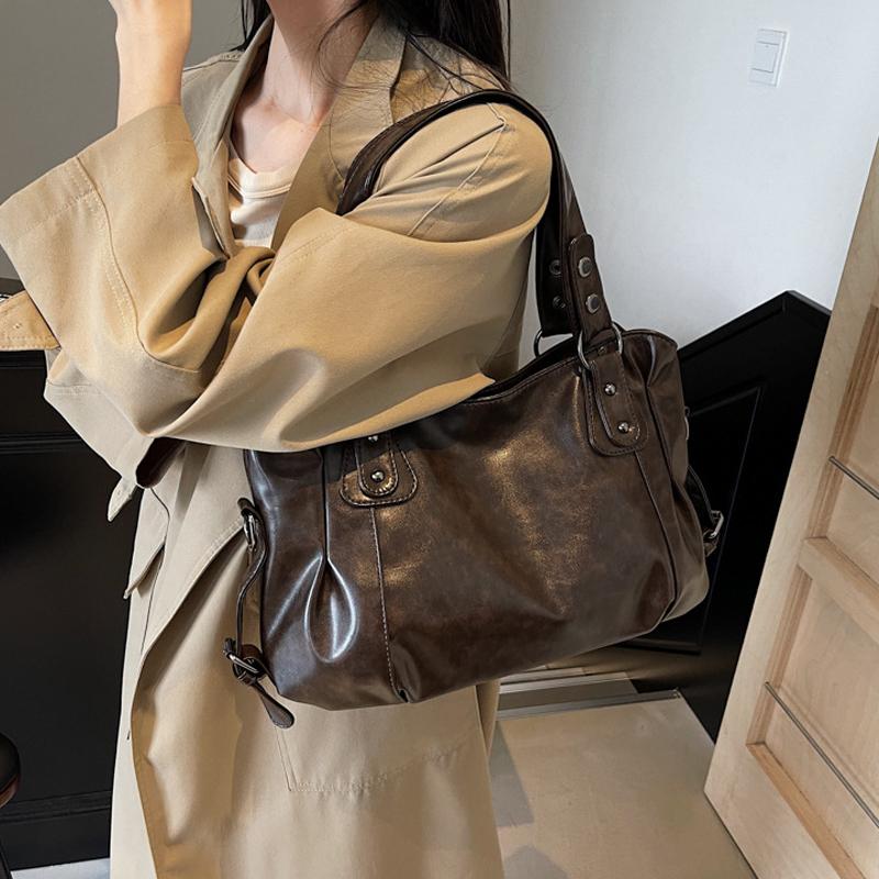 Yogodlns Classic Retro Casual Solid-Color Tote Bag Large-Capacity PU Shoulder Bag Soft Leather Fashionable Versatile Commuter Handbag