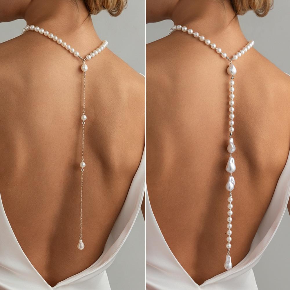 Retro Baroque Imitation Pearl Beaded Tassel Long Chain Back Chain Choker Necklace for Women Wedding Party Temperament Jewelry
