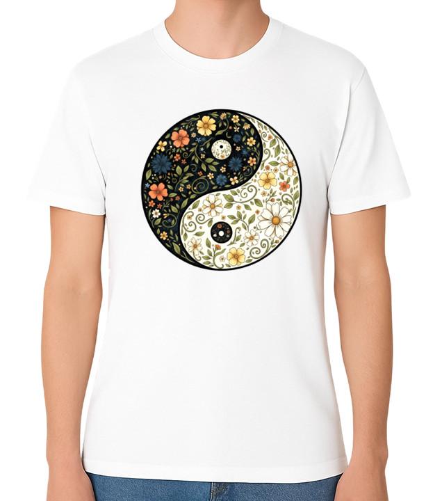 Floral Yin Yang Symbol Botanical Art T-Shirt Zen Spiritual Nature Unisex Tee S разноцветный