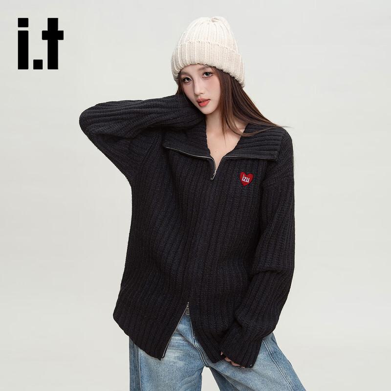 Izzue Women's Retro Ruffled Collar Zipper Knit Cardigan