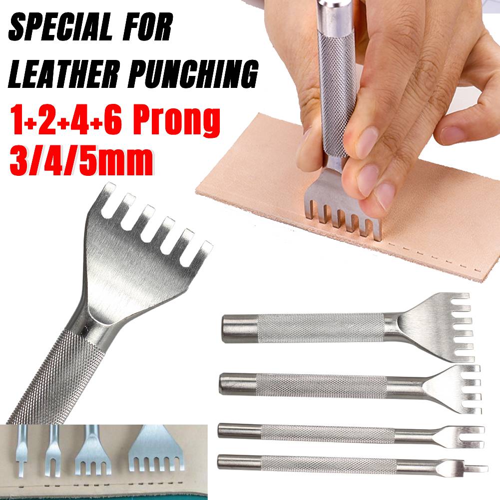 4Pcs 3/4/5mm Leather Hole Punches 1+2+4+6 Prong DIY Stitch Leather Craft Tool Set Leathercraft Punching Tools Set Leather Tools
