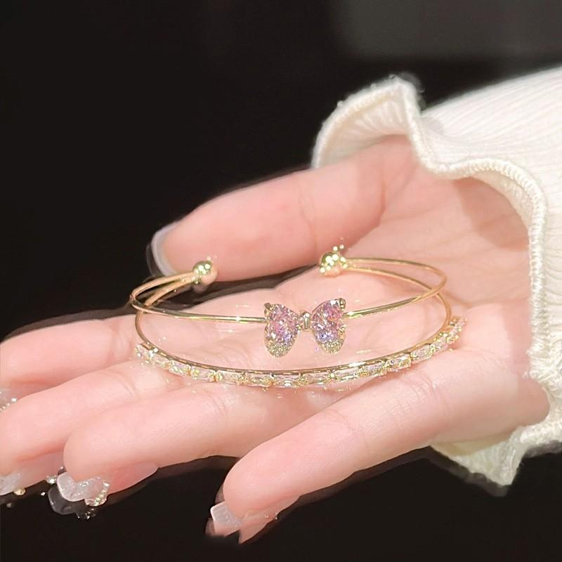 Zirconia Bow Double Layer Open Bangle Bracelet Women Sweet Chic Minimalist Fashion Jewelry